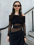 Patchwork Dress Women Mesh Elegant Sexy 2025 Spring Slash Neck Ruched Chic Birthday Party Festival Vacation Vestidos