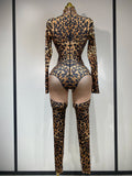 Women 2026 Stretch Leopard Print Sexy Bodycon Jumpsuit Bar Nightclub Singer Dancer Luxury Diamond Stage Performance Outfit