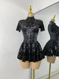 Sexy Women Short Sleeve Sparkly Sequins Stage Dress Luxury Evening Party Nightclub Performance Costume Stage Wear