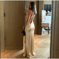 Thin Strap Diamond Back Women Maxi Dress Round Neck Cut Out Irregular Back Buckle Detail Fitted Waist Floor Length Long Dress