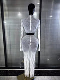 Sparkly Rhinestones Women Long Sleeve Mesh See Through 2 Pieces Bodycon Long Dress Nightclub Party Birthday Celebrate Outfit