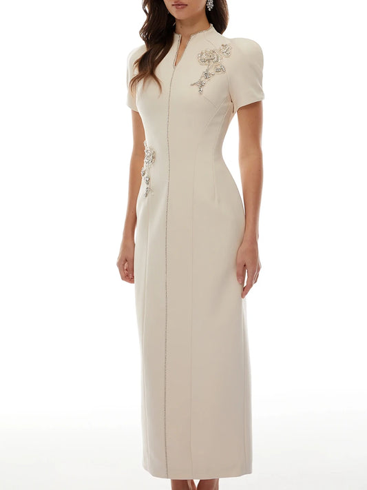 Apricot Mandarin Collar Maxi Dress for Women Short Sleeve Beaded Embroidery Tailored Waist Back Slit Design for Formal Event