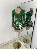 Luxury Sequins Long Sleeve Mini Dress Women Sexy Spandex Performance Dance Costume Party Celebrate Night Club Stage Outfit