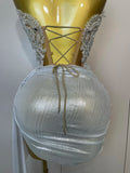 Newest  Sparkly Silver Sequins Sexy Strapless Short Dress Two Pcs Set Women Party Birthday Nightclub Singer Dancer Stage Wear