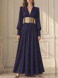 Glitter Deep V Flowy Floor Dress for Women Long Sleeve Ruched Bodice Gold Decorated Wide Waistband A Line Length for Party