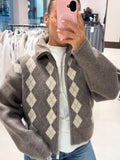 Women Color Block Argyle Knitted Cardigan Lapel Collar Zip Loose Long Sleeve Sweater 2026 Fashion Autumn Retro Casual Outerwear