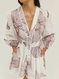 Casual V Neck Floral Embroidery Puff Long Sleeves Mini Dress for Women Lace Trim Button Front Dresses for Summer Vacation
