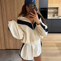 Color Block Zip Up Two Piece Set Women Long Sleeve Stand Collar Cropped Jacket High Waist Shorts 2026 Spring Summer Casual Suit