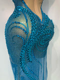 Women Luxury Blue Rhinestones Sequines Mesh Transparent Long Dress Club Evening Party Dress Birthday Photoshoot Clothing