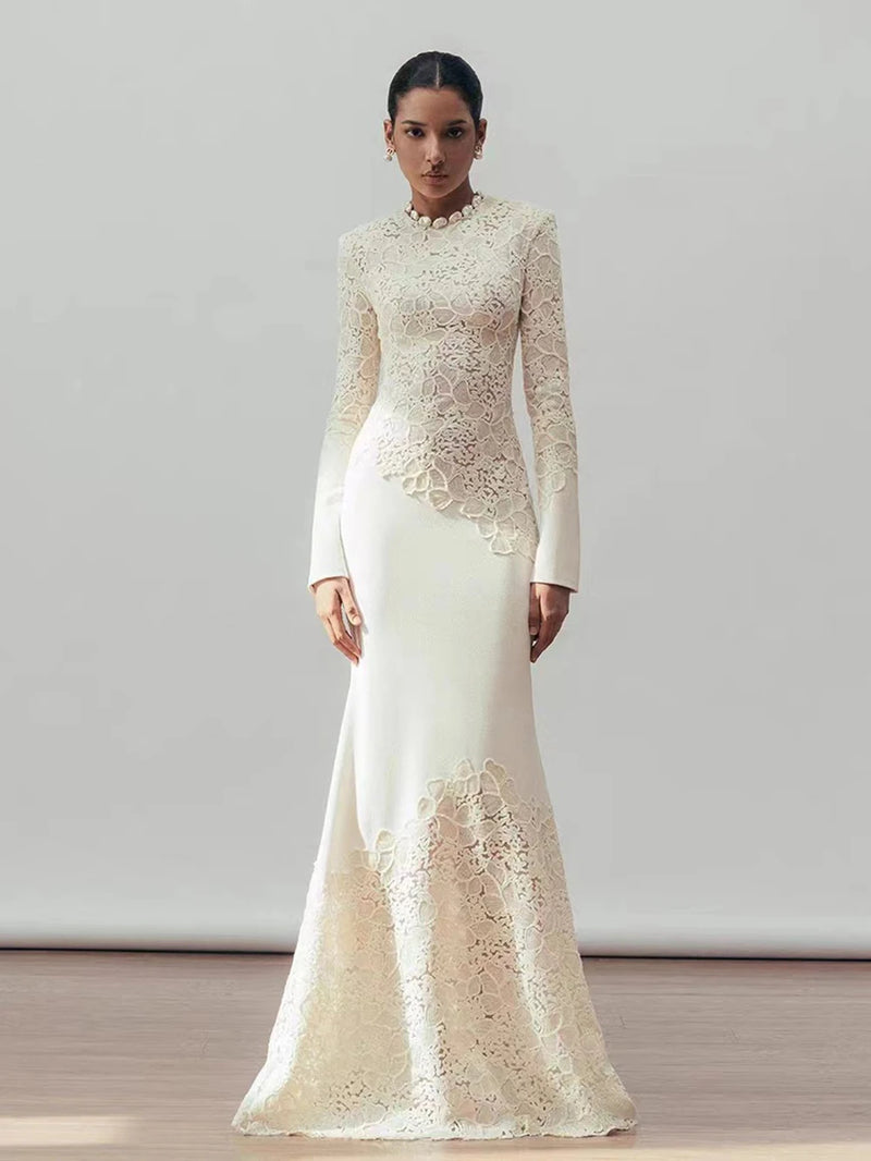 Solid Color Elegant Party Vestido Women'S Spliced Mesh Sequin Slim Long Sleeved Maxi Long Dress