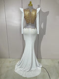 Luxury Sparkly Diamonds Pearl White See Through Mesh Long Dress Women Wedding Evening Party Stage Performance Photoshoot Dress