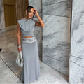 Fashion Shiny Lace Up Long Skirt Set Women Sexy Sleeveless Design sense Chic Short Top Skirts Suit NEW Lady Evening Party Outfit