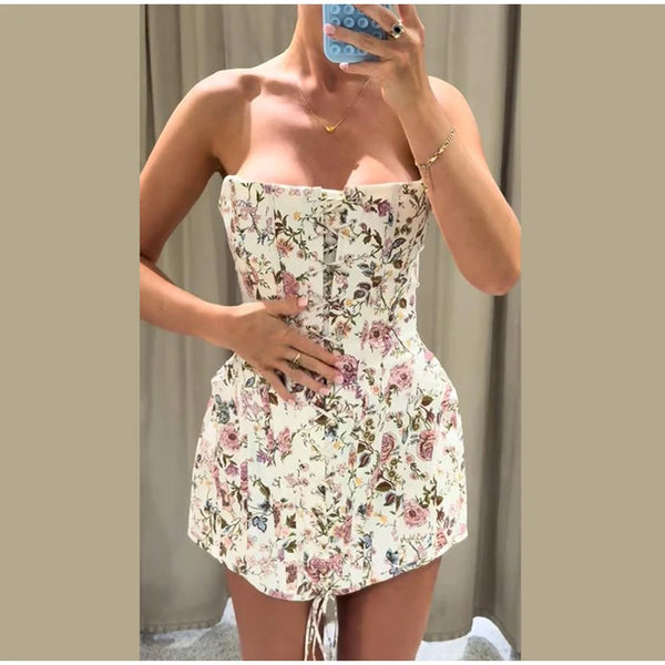 Sexy Women's Printed Bandage Strapless Short Dress Slim Waist Cinched Sleeveless Backless Lace Up Dresses 2026 Summer Lady Wear
