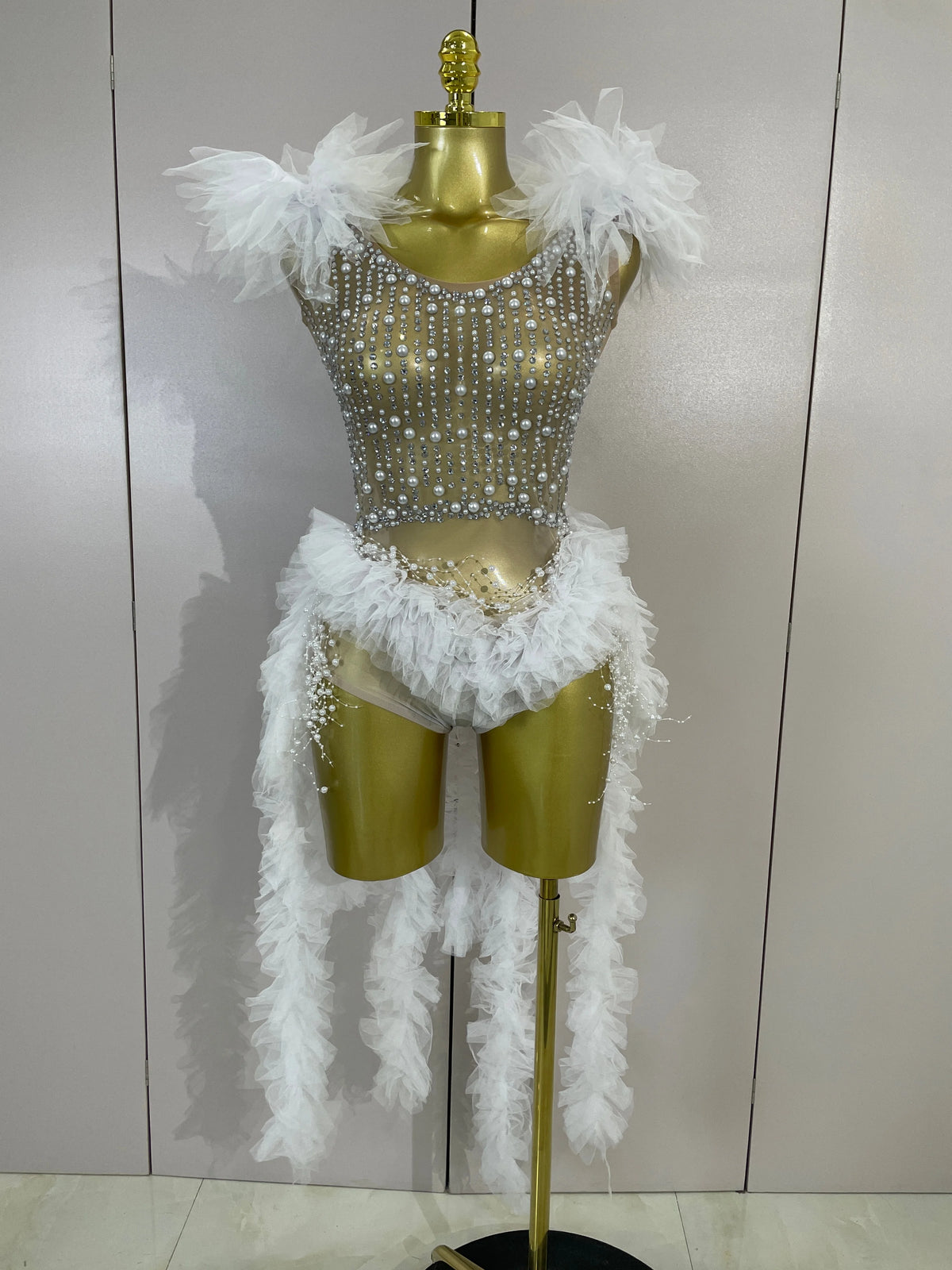 Luxury Sparkly Rhinestones Pearl Fringe Tassel Bodycon Bodysuits Birthday Photo Shoot Outfit DJ Nightclub Performance Stage Wear