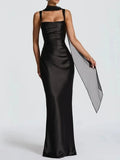 Sexy Satin Evening Long Dresses for Women Square Collar Sleeveless High Waist Folds Slimming Bodycon Dress Female