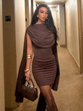 Shawl Patchwork Dress Women Ruched Elegant o-Neck Skinny Sleeveless Vacation Fashion Trend Casual Simple Mini Bodycon