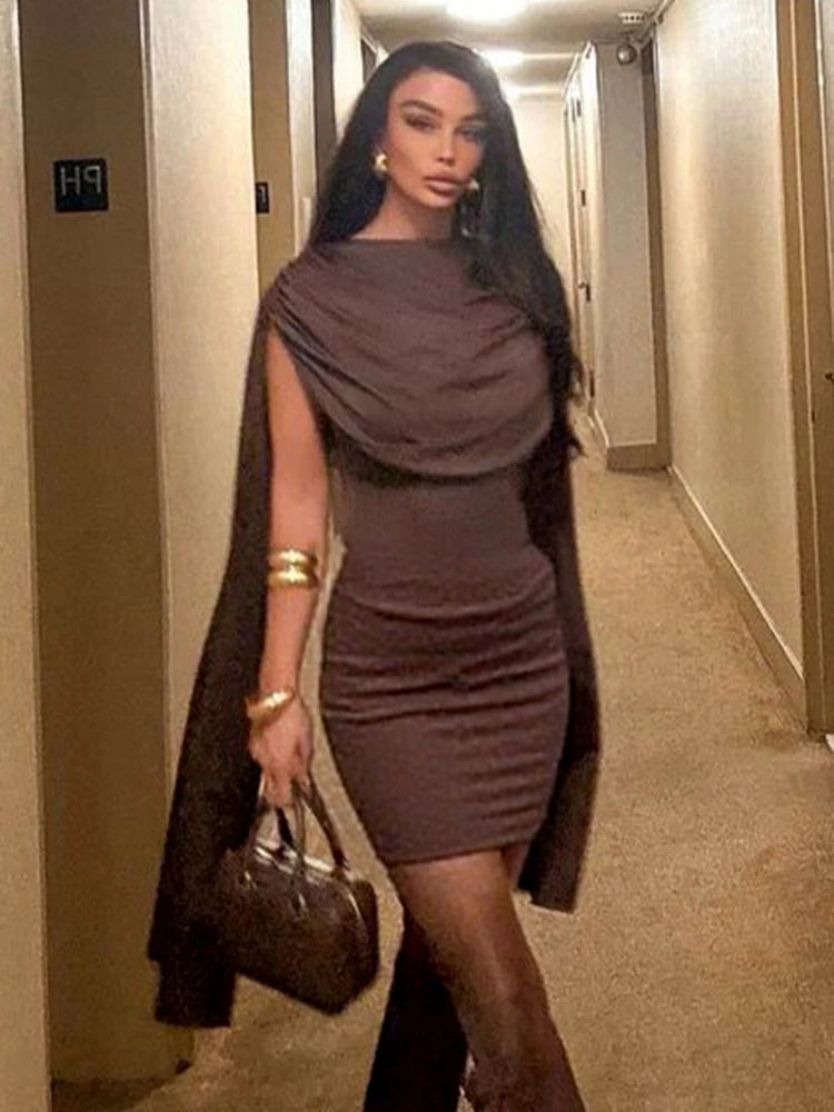 Shawl Patchwork Dress Women Ruched Elegant o-Neck Skinny Sleeveless Vacation Fashion Trend Casual Simple Mini Bodycon