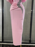 Pink Color Women Sexy Off the Shoulder Puff Sleeve Shining Rhinestones Bodycon Long Bandage Dress Evening Party Cocktail Wear