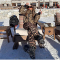 Fashion Leopard Print Ski Suit Women Stand Collar Hooded Zipper Coat Chic Slim Pants 2026 Winter Warm Casual Sport Windproof Set