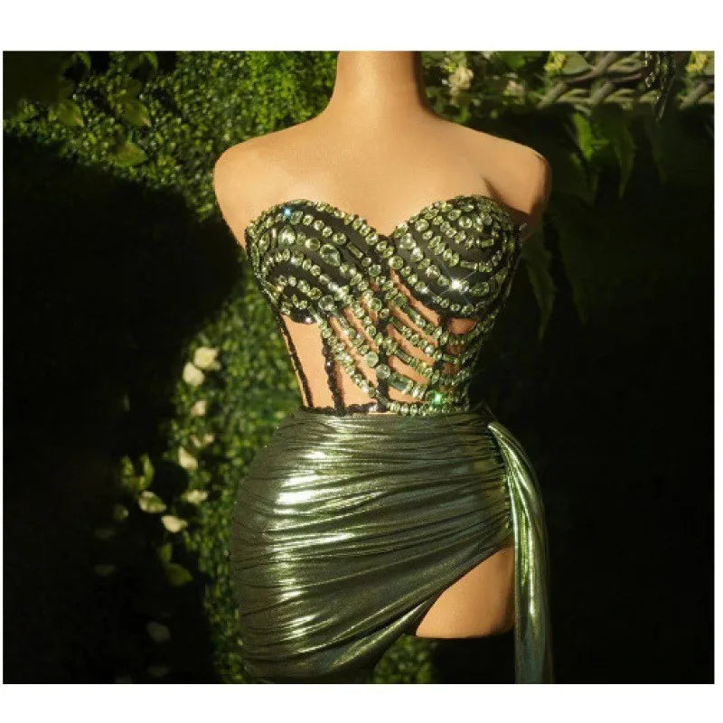 Gold Sheer Tube Top + Vertical Skirt Set Women's Fashion Hot Party Performance Evening Dress Vestido De Noche Vestidos De Fiesta
