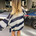 Fashion Striped Sweater Cardigan With Scarf Female Loose Thin Hollow Knitted Top Lantern Sleeve Contrast Color Retro Top