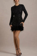 Solid Spliced Sequines Slimming Dresses for Women O Neck Long Sleeve Temperament Dress Female Fashion New