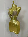 Women Eveing Celebrate Party NightClub Festival Outfit Sexy Stage Costume Luxury Shiny Diamond Chain Top Mini Dress Two Pieces