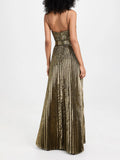 Gold Pleated Maxi Gala Dresses for Women Sleeveless High Waist Patchwork Sashes Spaghetti Strap Luxury Runway Dress Female