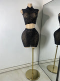 Sexy Sleeveless Crop Top Skirt Women's Sets Sparkly Luxury Diamonds See Through Mesh Stage Outfit Performance Singer Costume