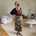 Bow Tie Neck Women Floral Print Set Long Puff Sleeve Cuff Trim Loose Blouse Vibrant Ethnic Midi Skirt Straight Hem Street Daily