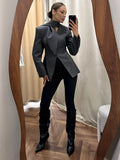 V Neck Fitted Waist Large Lapel Women Blazer Button Front Tailored Blazer With Detachable Neck Scarf Long Sleeve Casual Jackets