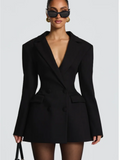 Lady Solid Waist Cinching Blazer Dress Fashion Full Sleeve Lapel V-neck Double Breasted Slim Vestidos 2026 Office Street Gown