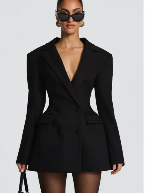 Lady Solid Waist Cinching Blazer Dress Fashion Full Sleeve Lapel V-neck Double Breasted Slim Vestidos 2026 Office Street Gown