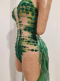 Luxurious Green Rhinestone Sheer Bodysuit Tassel Tail Ideal for Clubbing Festivals and Special Occasions Stage Performance