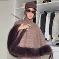 Women Plaid Fur Trim Cape Mini Skirt Set High Neck Checkered Shawl Coat Short Skirt Two Piece Outfit 2026 Autumn Elegant Suit