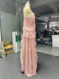 Women'S Irregular Pleated Slim Chiffon Long Dress Sexy Backless Ruffle Fashion Party Prom Elegant Evening Gown 2025 New