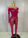 Women Celebrity Evening Party Bar Nightclub Dancer Sexy Stage Costumes Sparkly Rhinestone Long Sleeves Mesh See Through Jumpsuit