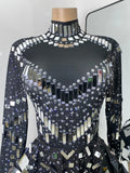 Flashing Rhinestones Mirrors Long Sleeve Dress Performance Singer Dancer Costume Bar Nightclub Party Stage Wear Birthday Vestido