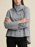 Minimalist Casual Style Gray Oversized Shirt for Women Stand Collar Long Sleeve Buttons Accent for Office Commute