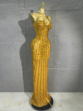 Sparkly Vertical Rhinestone Strapless Mesh Maxi Dress Bodycon Mermaid Long Gown Suitable Formal Birthday Pageant NightclubStage