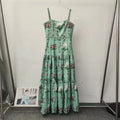 Boho Garden Parties Floral Print Maxi Sundress for Square Collar Sleeveless High Waist Slim Tiered Skirts for Casual Outings