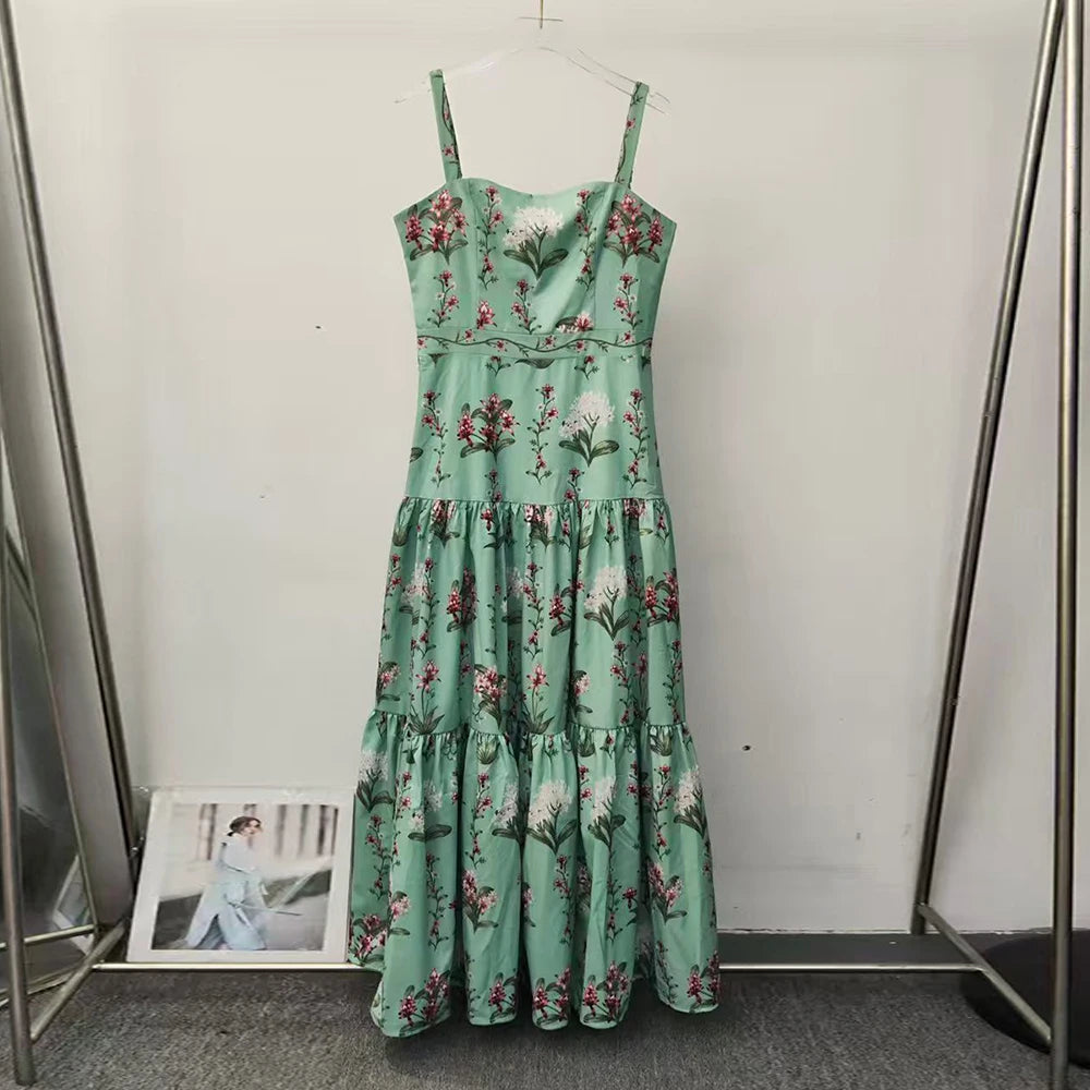 Boho Garden Parties Floral Print Maxi Sundress for Square Collar Sleeveless High Waist Slim Tiered Skirts for Casual Outings