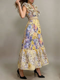 Luxurious Party Folds Design Draped Dress for Women V Neck Flying Sleeve Tunic Floral Printing Vintage Midi Dresses Female