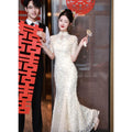 Wedding Dresses Mermaid Long Sleeves Mesh Lace Floral Chesongam Women Elegant Vestidos Stand Collar Chinese Style Dresses