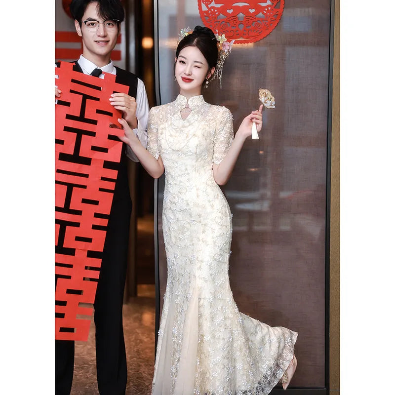 Wedding Dresses Mermaid Long Sleeves Mesh Lace Floral Chesongam Women Elegant Vestidos Stand Collar Chinese Style Dresses