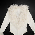 White Faux Curly Fur Bodysuit Women Chic Solid Deep V Long Fluffy Sleeves Shorts Bodysuit 2026 Lady Party Street Matching Suit