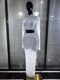 Sparkly Rhinestones Women Long Sleeve Mesh See Through 2 Pieces Bodycon Long Dress Nightclub Party Birthday Celebrate Outfit