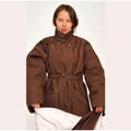 Detachable Triangle Shawl Long Puffer Coat Stand Collar Waist Tie Belt Button Solid Loose Women Coats 2026 Winter Commute Outfit