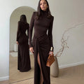 Elegant Turtleneck Curvy Brown Dress Women's Sexy Long Sleeve Shoulder Pad Party Evening Tight Elastic Dresses Winter New Black