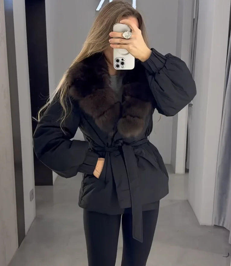 Women Short Belted Puffer Jacket Large Faux Fox Fur Collar Waist Tie Puff Sleeve Thick Warm Coat Winter Elegant 2026 Streetwear